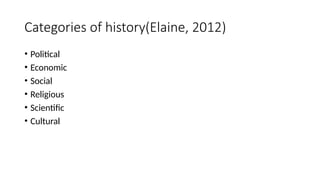 Categories of history(Elaine, 2012)
• Political
• Economic
• Social
• Religious
• Scientific
• Cultural
 