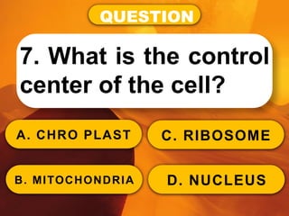 QUESTION
7. What is the control
center of the cell?
A. CHRO PLAST
B. MITOCHONDRIA
C. RIBOSOME
D. NUCLEUS
 