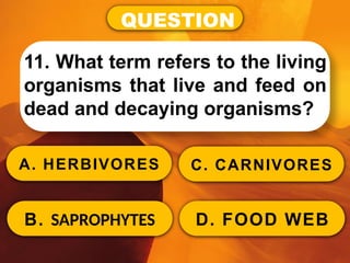 QUESTION
11. What term refers to the living
organisms that live and feed on
dead and decaying organisms?
A. HERBIVORES
B. SAPROPHYTES
C. CARNIVORES
D. FOOD WEB
 