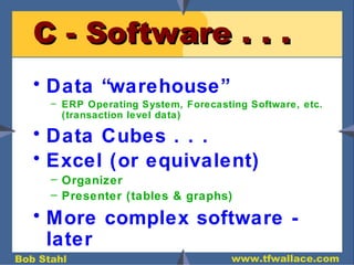C - Software . . . Data “warehouse” ERP Operating System, Forecasting Software, etc. (transaction level data) Data Cubes . . .  Excel (or equivalent)   Organizer Presenter (tables & graphs) More complex software - later 