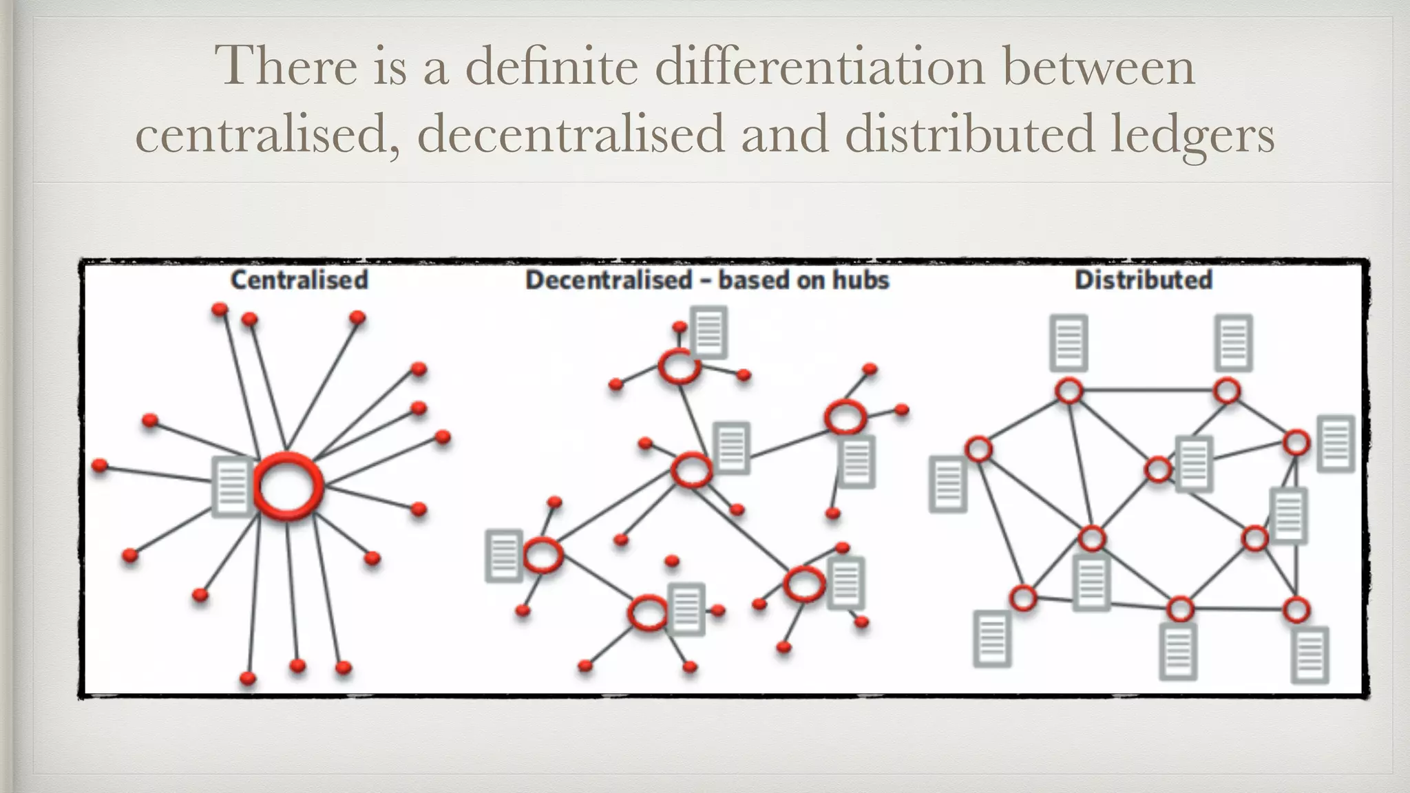 There is a deﬁnite differentiation between
centralised, decentralised and distributed ledgers
 