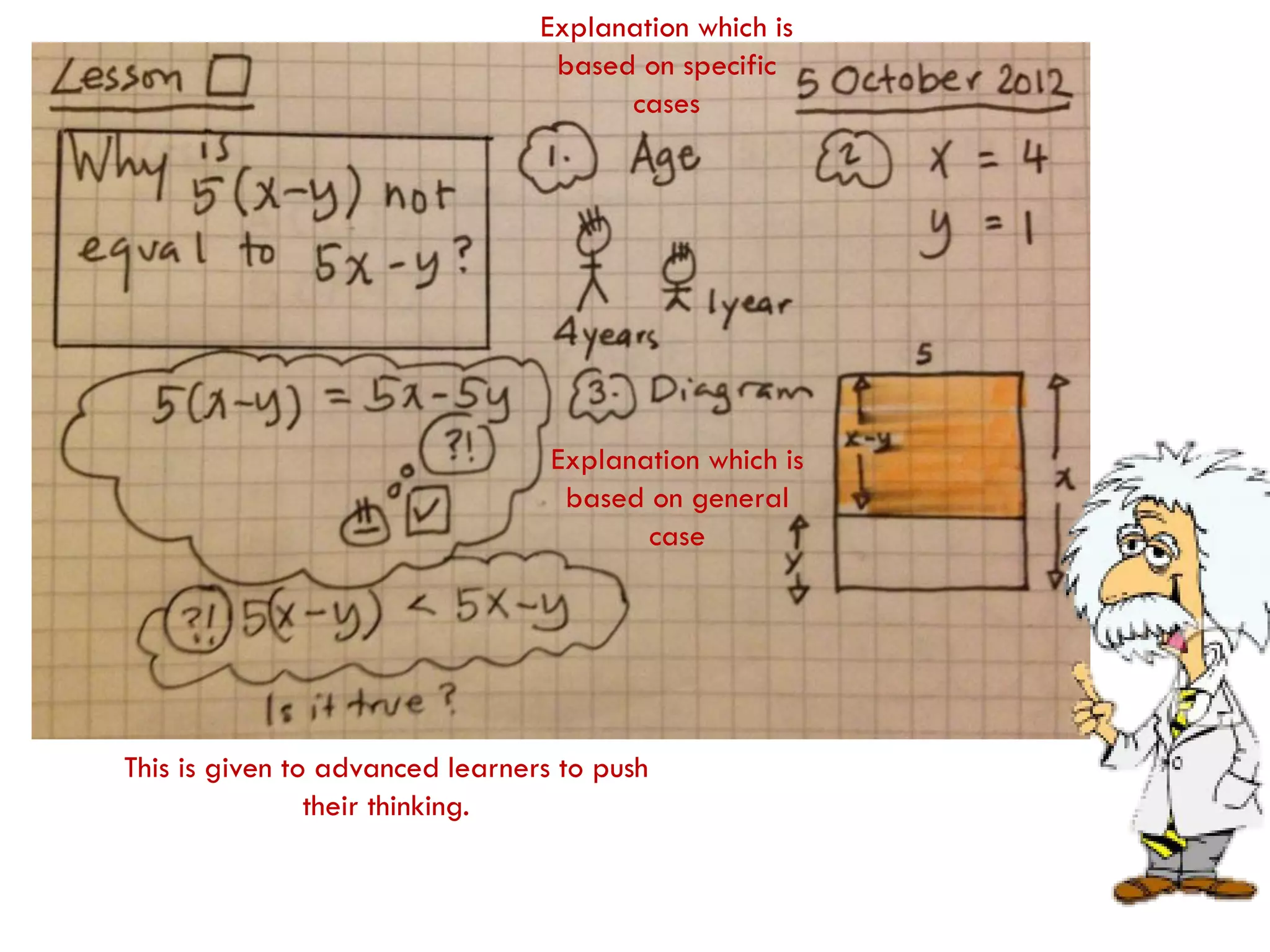 Explanation which is
                                  based on specific
                                       cases




                                  Explanation which is
                                   based on general
                                         case




This is given to advanced learners to push
                their thinking.
 