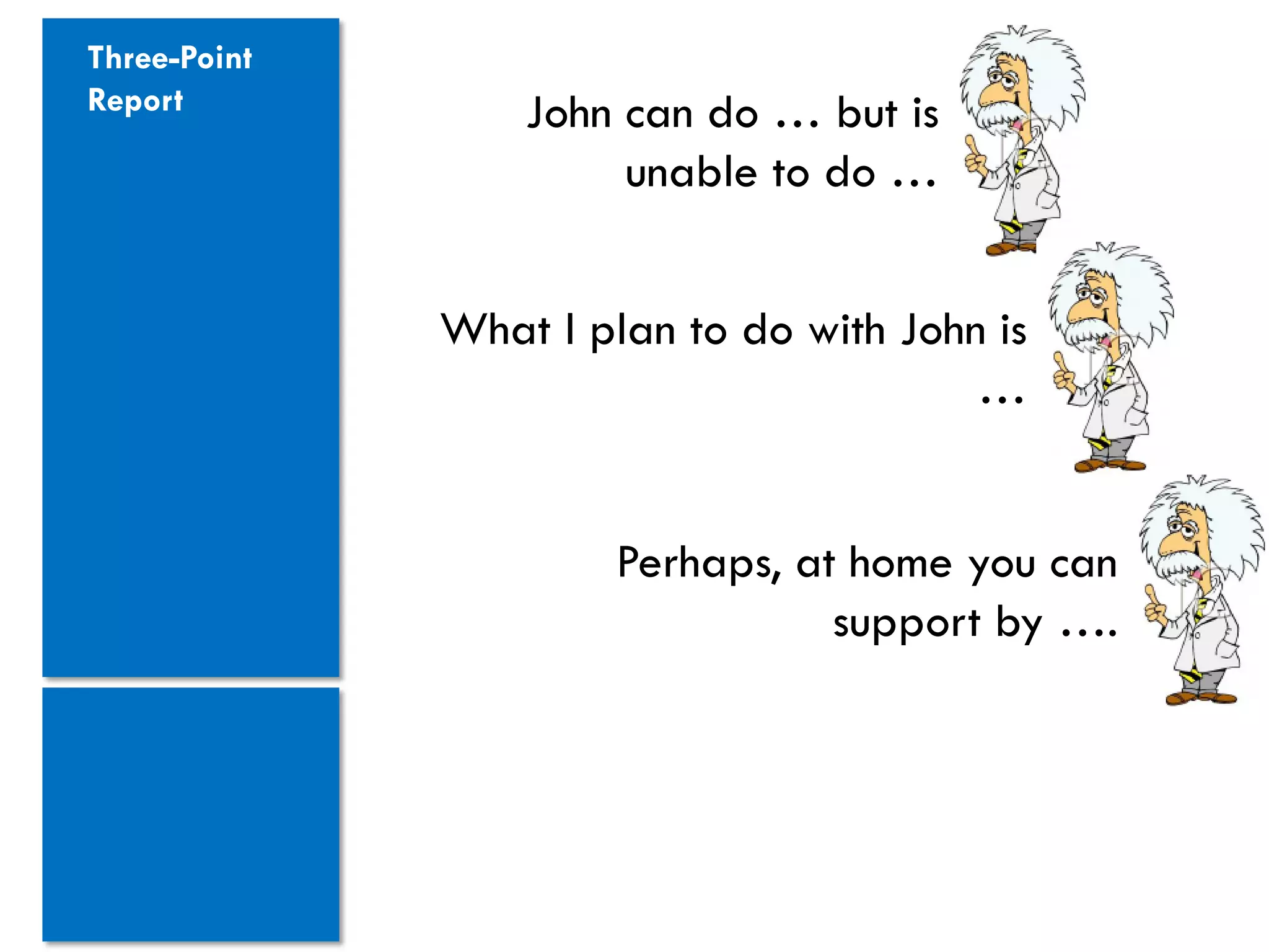 Three-Point
Report            John can do … but is
                       unable to do …


              What I plan to do with John is
                                         …


                       Perhaps, at home you can
                                  support by ….
 