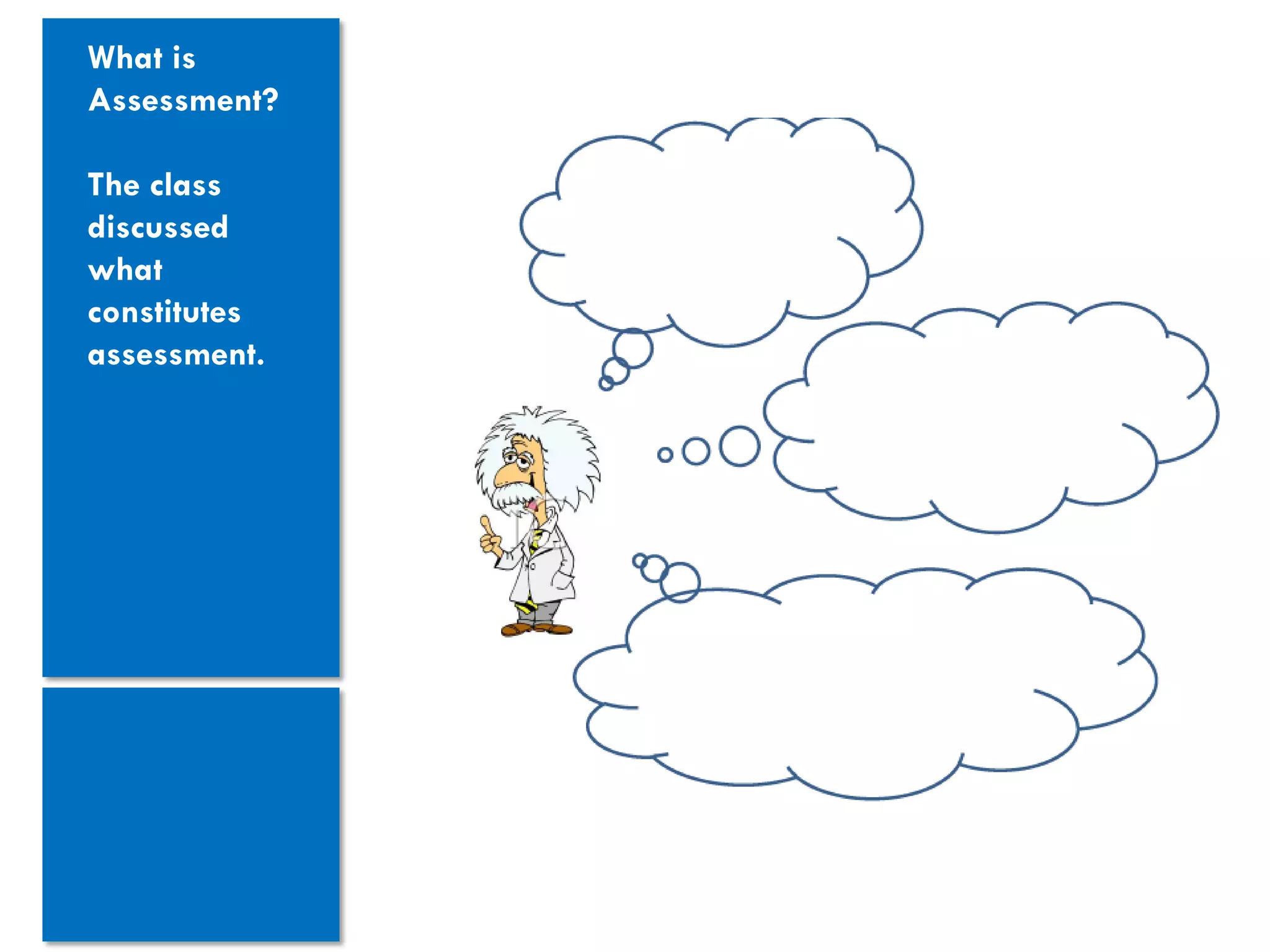 What is
Assessment?

The class
discussed
what
constitutes
assessment.
 