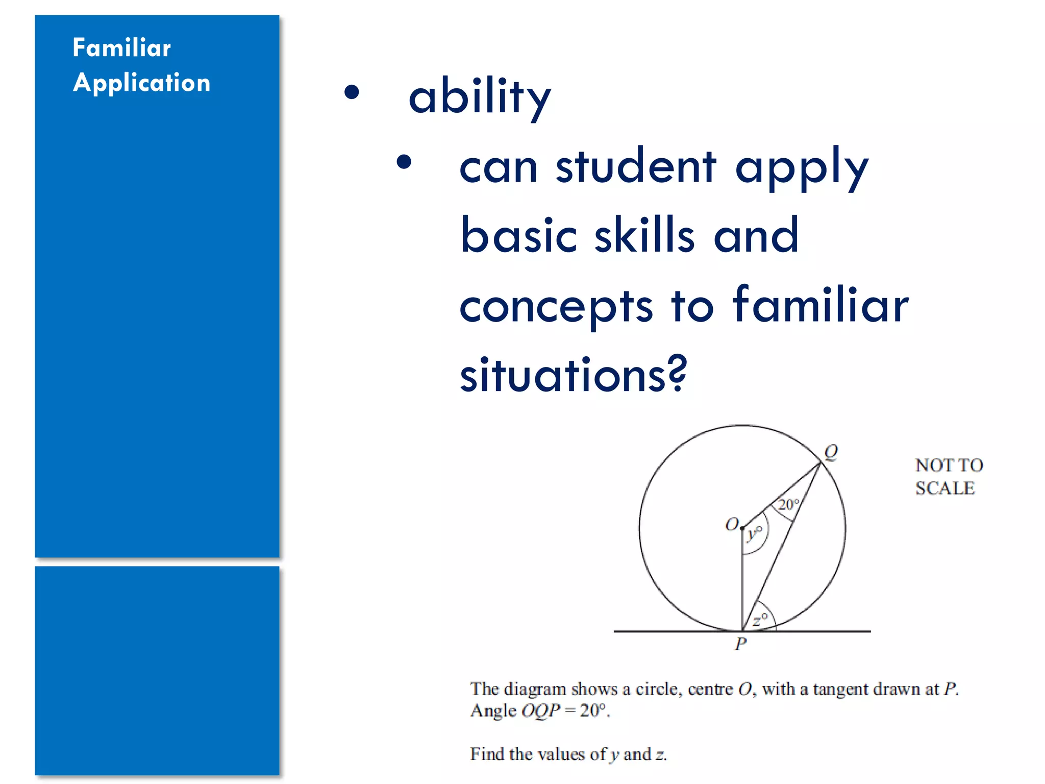 Familiar
Application
              • ability
                • can student apply
                  basic skills and
                  concepts to familiar
                  situations?
 