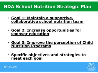 agri.nv.gov
NDA School Nutrition Strategic Plan
• Goal 1: Maintain a supportive,
collaborative school nutrition team
• Goal 2: Increase opportunities for
sponsor education
• Goal 3: Improve the perception of Child
Nutrition Programs
• Specific objectives and strategies to
meet each goal
 