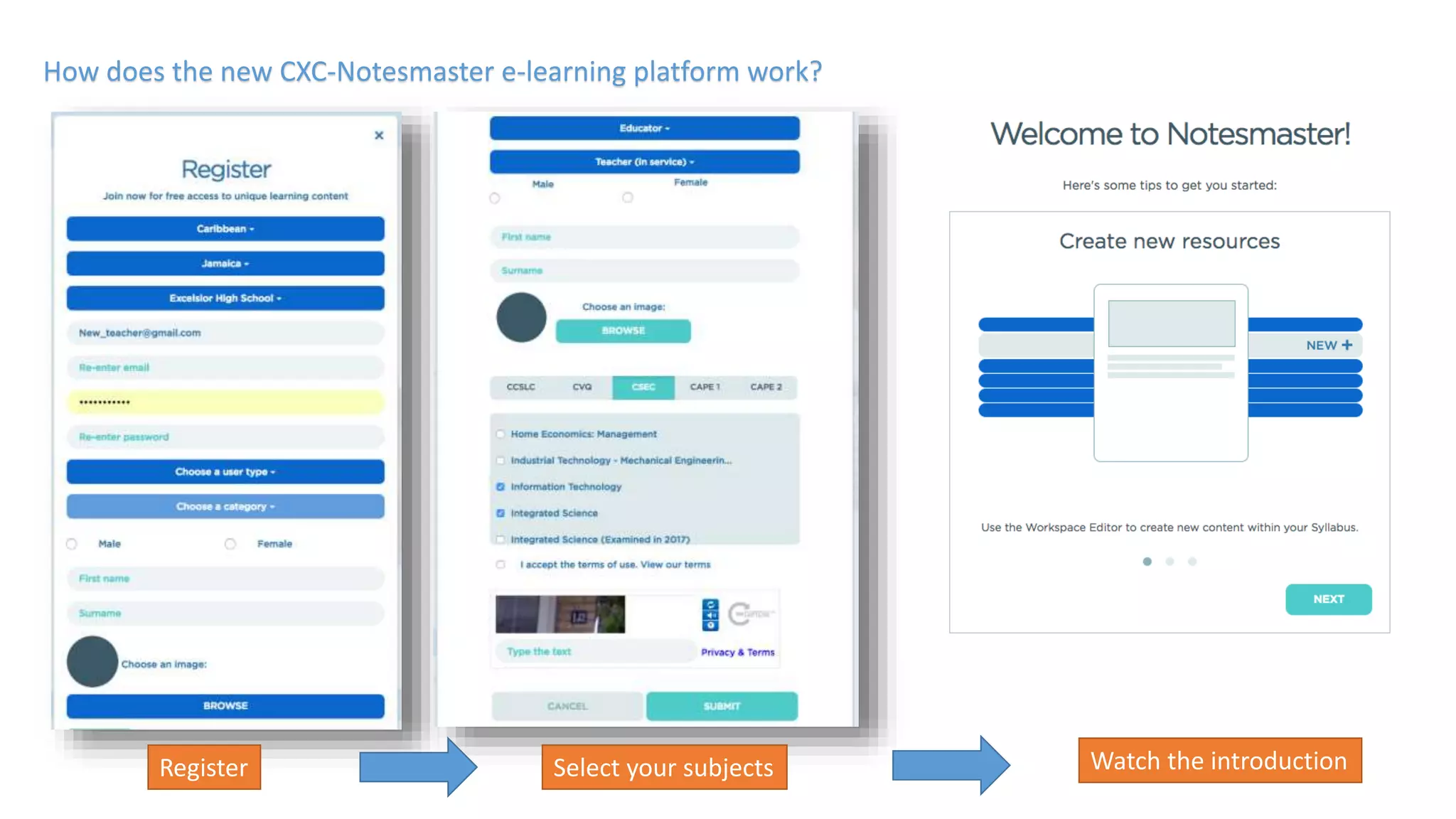How does the new CXC-Notesmaster e-learning platform work?
Register Select your subjects Watch the introduction
 