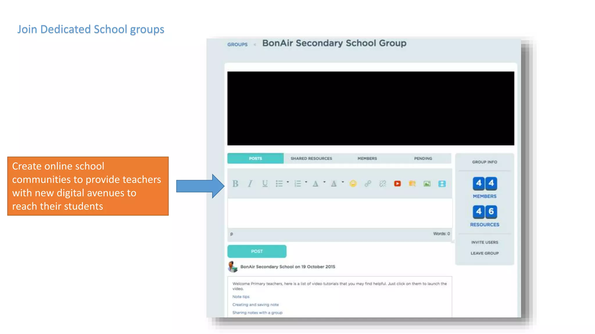Join Dedicated School groups
Create online school
communities to provide teachers
with new digital avenues to
reach their students
 