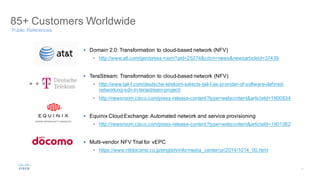 Public References
85+ Customers Worldwide
§ Domain 2.0: Transformation to cloud-based network (NFV)
• http://www.att.com/gen/press-room?pid=25274&cdvn=news&newsarticleid=37439
§ TeraStream: Transformation to cloud-based network (NFV)
• http://www.tail-f.com/deutsche-telekom-selects-tail-f-as-provider-of-software-defined-
networking-sdn-in-terastream-project/
• http://newsroom.cisco.com/press-release-content?type=webcontent&articleId=1600834
§ Equinix Cloud Exchange: Automated network and service provisioning
• http://newsroom.cisco.com/press-release-content?type=webcontent&articleId=1601082
§ Multi-vendor NFV Trial for vEPC
• https://www.nttdocomo.co.jp/english/info/media_center/pr/2014/1014_00.html
 