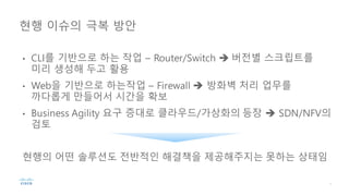 • CLI를 기반으로 하는 작업 – Router/Switch è 버전별 스크립트를
미리 생성해 두고 활용
• Web을 기반으로 하는작업 – Firewall è 방화벽 처리 업무를
까다롭게 만들어서 시간을 확보
• Business Agility 요구 증대로 클라우드/가상화의 등장 è SDN/NFV의
검토
현행의 어떤 솔루션도 전반적인 해결책을 제공해주지는 못하는 상태임
현행 이슈의 극복 방안
 