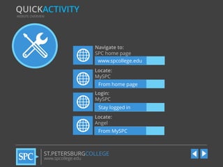 QUICKACTIVITY
WEBSITE OVERVIEW

Navigate to:
SPC home page
www.spcollege.edu
Locate:
MySPC
From home page
Login:
MySPC
Stay logged in

Locate:
Angel
From MySPC

ST.PETERSBURGCOLLEGE
www.spcollege.edu

 