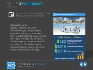 COLLEGEEXPERIENCE
CAREER ADVISING

You can find career resource tools in
MYSPC under “My Career” tab:

Optimal Resume
Optimal Resume, an online
employment guidance program,
helps with writing resumes, cover
letters and locating job opportunities
that might work for you while you
are in college or after you complete
your degree. Get started now and
return to Optimal Resume to update
your saved resume as needed.

ST.PETERSBURGCOLLEGE
www.spcollege.edu

www.my.spcollege.edu

 
