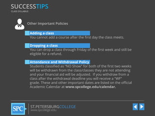 SUCCESSTIPS
CLASS SYLLABUS

Other Important Policies
Adding a class
You cannot add a course after the first day the class meets.
Dropping a class
You can drop a class through Friday of the first week and still be
eligible for a refund.

Attendance and Withdrawal Policy
Students classified as “NO Show” for both of the first two weeks
will be withdrawn from the class/classes they are not attending
and your financial aid will be adjusted. If you withdraw from a
class after the withdrawal deadline you will receive a “WF”
grade. These and other important dates are listed on the official
Academic Calendar at www.spcollege.edu/calendar.

ST.PETERSBURGCOLLEGE
www.spcollege.edu

 