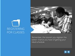 REGISTERING
FOR CLASSES
Remember, the sooner you register the
better chance you have of getting your
ideal schedule.

 