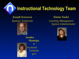 Instructional Technology Team Joseph Scocozza Systems Technician Sandra Hannigan Instructional Technologist Elaine Vasko Learning Management System Administrator 