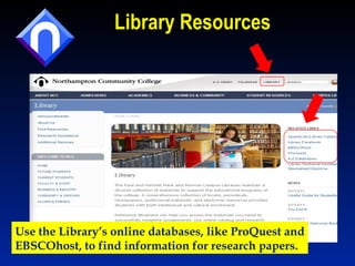 Library Resources Use the Library’s online databases, like ProQuest and EBSCOhost, to find information for research papers. 