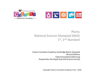 Colours Innovation Academy, Cambridge Board, Hinjewadi
FB.com/CIAPune
ColoursInnovationcademy.org
Prepared by: Mrs Rupali Sujit (CIA Science Faculty)
Plants
National Science Olympiad (NSO)
1st, 2nd Standard
Copyright Colours Innovation Academy, Pune - 2018
 