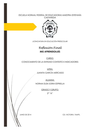 ESCUELA NORMAL FEDERAL DE EDUCADORAS MAESTRA ESTEFANÍA
CASTAÑEDA
LICENCIATURA EN EDUCACIÓN PREESCOLAR
Reflexión Final
MIS APRENDIZAJES
CURSO:
CONOCIMIENTO DE LA ENTIDAD CONTEXTO E INDICADORES
MTRA:
JUANITA GARCÍA MERCADO
ALUMNA:
NORMA ELISA SORIA ESPRIELLA
GRADO Y GRUPO:
2° “A”
JUNIO DE 2014 CD. VICTORIA, TAMPS.
 