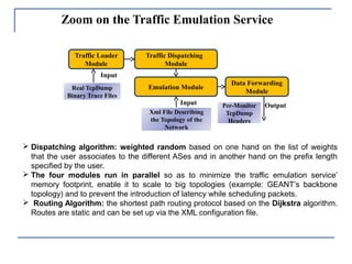 Real TcpDump
Binary Trace Files
Xml File Describing
the Topology of the
Network
Input
Input
Per-Monitor
TcpDump
Headers
Traffic Loader
Module
Traffic Dispatching
Module
Data Forwarding
Module
Output
Emulation Module
Zoom on the Traffic Emulation Service
 Dispatching algorithm: weighted random based on one hand on the list of weights
that the user associates to the different ASes and in another hand on the prefix length
specified by the user.
 The four modules run in parallel so as to minimize the traffic emulation service’
memory footprint, enable it to scale to big topologies (example: GEANT’s backbone
topology) and to prevent the introduction of latency while scheduling packets.
 Routing Algorithm: the shortest path routing protocol based on the Dijkstra algorithm.
Routes are static and can be set up via the XML configuration file.
 