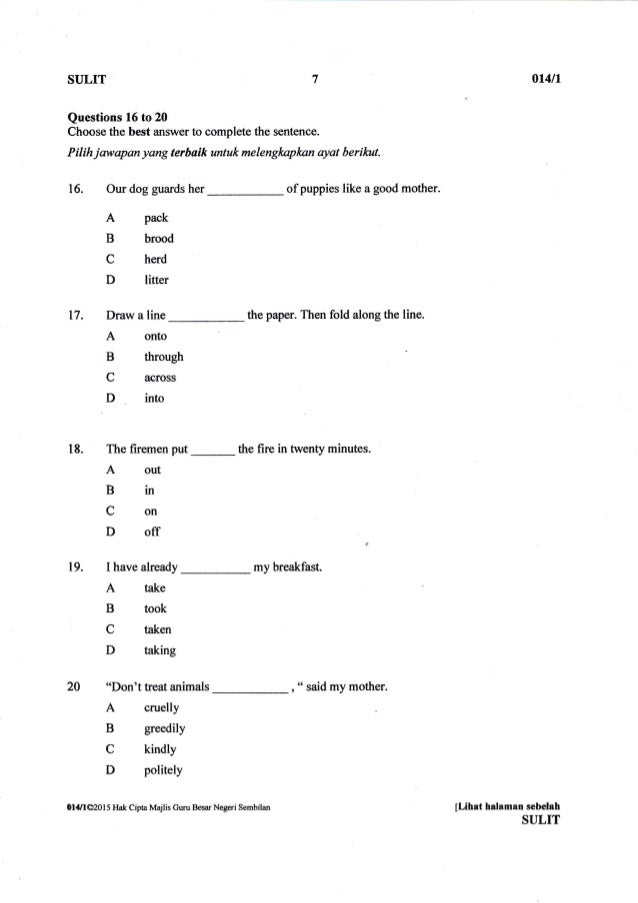 Negeri Sembilan UPSR Trial English Paper 1 2015