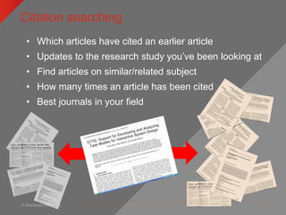© Middlesex University
Citation searching
• Which articles have cited an earlier article
• Updates to the research study you’ve been looking at
• Find articles on similar/related subject
• How many times an article has been cited
• Best journals in your field
 