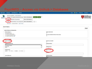 © Middlesex University Presentation title | 14
PsycINFO – Access via Unihub > Databases
 