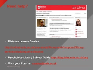 © Middlesex University
Need help?
• Distance Learner Service
http://unihub.mdx.ac.uk/your-study/library-and-it-support/library-
services/studying-at-a-distance
• Psychology Library Subject Guide http://libguides.mdx.ac.uk/psy
• Viv – your librarian v.eades@mdx.ac.uk
 