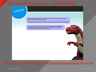 © Middlesex University
Advanced Searching – DINOSAURS!
Presentation title | 3
http://sydney.edu.au/library/skills/elearning/learn/topic/gamenesting/index.php
 