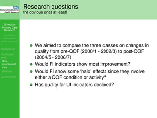 School for
Primary Care
Research
Increasing the
evidence base for
primary care practice
Background
Concluded
work
Non-
incentivised
care
Diabetes
Current work
Research questions
the obvious ones at least!
We aimed to compare the three classes on changes in
quality from pre-QOF (2000/1 - 2002/3) to post-QOF
(2004/5 - 2006/7)
Would FI indicators show most improvement?
Would PI show some ‘halo’ effects since they involve
either a QOF condition or activity?
Has quality for UI indicators declined?
 
