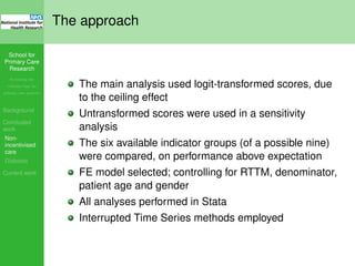 School for
Primary Care
Research
Increasing the
evidence base for
primary care practice
Background
Concluded
work
Non-
incentivised
care
Diabetes
Current work
The approach
The main analysis used logit-transformed scores, due
to the ceiling effect
Untransformed scores were used in a sensitivity
analysis
The six available indicator groups (of a possible nine)
were compared, on performance above expectation
FE model selected; controlling for RTTM, denominator,
patient age and gender
All analyses performed in Stata
Interrupted Time Series methods employed
 