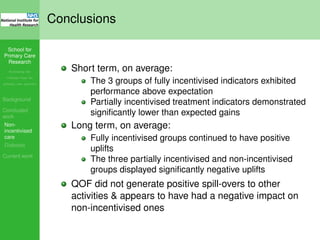 School for
Primary Care
Research
Increasing the
evidence base for
primary care practice
Background
Concluded
work
Non-
incentivised
care
Diabetes
Current work
Conclusions
Short term, on average:
The 3 groups of fully incentivised indicators exhibited
performance above expectation
Partially incentivised treatment indicators demonstrated
signiﬁcantly lower than expected gains
Long term, on average:
Fully incentivised groups continued to have positive
uplifts
The three partially incentivised and non-incentivised
groups displayed signiﬁcantly negative uplifts
QOF did not generate positive spill-overs to other
activities & appears to have had a negative impact on
non-incentivised ones
 