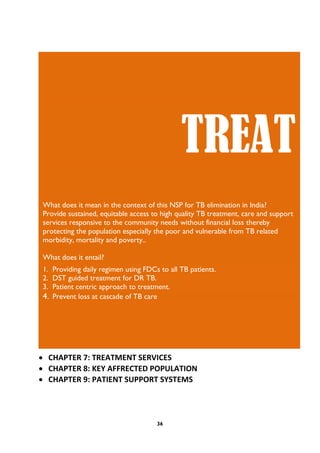 36
 CHAPTER 7: TREATMENT SERVICES
 CHAPTER 8: KEY AFFRECTED POPULATION
 CHAPTER 9: PATIENT SUPPORT SYSTEMS
TREAT
What does it mean in the context of this NSP for TB elimination in India?
Provide sustained, equitable access to high quality TB treatment, care and support
services responsive to the community needs without financial loss thereby
protecting the population especially the poor and vulnerable from TB related
morbidity, mortality and poverty..
What does it entail?
1. Providing daily regimen using FDCs to all TB patients.
2. DST guided treatment for DR TB.
3. Patient centric approach to treatment.
4. Prevent loss at cascade of TB care
 