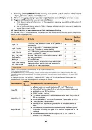 47
7. Promoting uptake of RNTCP schemes including slum scheme, sputum collection with transport
scheme, adherence scheme and DMC Scheme.
8. Adoption of key population groups under corporate social responsibility by corporate houses.
9. Targeted ACSM as a tool for universal access to TB care:
a) Wide dissemination of information in the population regarding availability and location of
TB care services
b) Use of local media, cured patients, NGOs, religious, political and other community leaders to
spread the message on TB
10. Specific activity to aggressively control TB in High Priority Districts
For the year 2016-17, the programme has categorized and prioritized the districts across the country
based on the following criteria:
Categorization Criteria Category
Number
of
districts
High TB
Total TB case notification rate > 180 per lakh
population
A 83
High TB-HIV
>10% Proportion of known HIV positives
amongst TB patients tested for HIV
B 41
High DR-TB
> 25% Proportion of relapse out of incident
smear positive TB cases
C 47
Very low case
finding effort
Annual TB suspect examination rate of < 400
per lakh population
D 60
Average None of above E 489
High case finding
but Low TCNR
Annual suspect examination rate >1200 per
lakh population and Total Case notification
rate < 80 per lakh population
F 10
Grand Total 730
(TB-HIV: Tuberculosis and HIV co-infected patients, DR-TB: Drug Resistant Tuberculosis,
TCNR: Total Case Notification Rate)
(For RNTCP programmatic purposes strategies / services are based on population and hence due to high population in urban areas
especially municipal corporations, additional districts have been created. As a result the total number of districts in the country under
RNTCP is 730)
In these prioritized 184 Districts + 4 Metros and 1 State (i.e. Sikkim) active case finding will be
implemented using the following broad strategies as below:
Categorization
Number
of
districts
Broad strategies for implementation
High TB 44
 Village-wise microanalysis to identify high TB pockets
 Intensified / active case finding with decentralized diagnosis
 Visibly improve IEC activities
 100% contact tracing
High TB-HIV 40
 Complete utilization of rapid diagnostics for early diagnosis of
TB among HIV+
 Implementation of Isoniazid Preventive Therapy for all HIV+
 Daily regimen TB treatment
High DR-TB 43
 Testing 100% eligible drug resistant TB suspects within 3
days
 Treatment support mechanisms to improve adherence and
outcomes including linkages for nutritional support for all TB
patients
 Implement long-term follow-up policy at 6, 12, 18 and 24
months post treatment
 