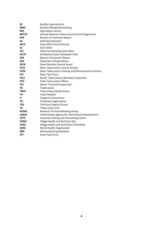 4
QI Quality Improvement
RBRC Random Blinded Rechecking
RKS Rogi Kalyan Samity
RNTCP Revised National Tuberculosis Control Programme
RTR Results of Treatment Report
SA Statistical Assistant
SACS State AIDS Control Society
SC Sub Centre
SCC State Coordinating Committee
SC/ST Scheduled Caste/ Scheduled Tribe
SCR Sputum Conversion Report
SOE Statement of Expenditure
SPCB State Pollution Control board
STCS State Tuberculosis Control Society
STDC State Tuberculosis Training and Demonstration Centres
STF State Task Force
STLS Senior Tuberculosis Laboratory Supervisor
STO State Tuberculosis Officer
STS Senior Treatment Supervisor
TB Tuberculosis
TBHV Tuberculosis Health Visitor
TH Taluk Hospital
TI Targeted Intervention
TO Treatment organization
TSG Technical Support Group
TU Tuberculosis Unit
NTGW National Technical Working Group
USAID United States Agency for International Development
VCTC Voluntary Testing and Counselling Centre
VHND Village Health and Nutrition Day
VHSC Village Health and Sanitation Committee
WHO World Health Organization
XDR Extensively Drug Resistant
ZTF Zonal Task Force
 