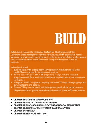 68
 CHAPTER 13: URBAN TB CONTROL SYSTEMS
 CHAPTER 14: HEALTH SYSTEM STRENGTHENING
 CHAPTER 15: ADVOCACY, COMMUNICATIONS AND SOCIAL MOBILIZATION
 CHAPTER 16: SURVEILLANCE, MONITORING AND EVALUATION
 CHAPTER 17: RESEARCH
 CHAPTER 18: TECHNICAL ASSISTANCE
BUILD
What does it mean in the context of this NSP for TB elimination in India?
Undertake critical management reforms, restructuring of HR and financial norms,
pathways for private sector participation, in order to improve efficiency, effectiveness
and accountability of the health system for an improved response to the TB
epidemic.
What does it entail?
1. Build synergies with existing health service delivery mechanism under Urban
Health Mission and plan for integration of services
2. Reform and restructure HR in TB programme to align with the enhanced
programme needs for surveillance, participation of private sector and community
participation.
3. Strengthen RNTCP’s regulatory capacity to control TB drugs through appropriate
laws, regulations, and policies.
4. Position TB high on the health and development agenda of the nation to ensure
adequate resources, greater demand for and universal access to TB care services.
 