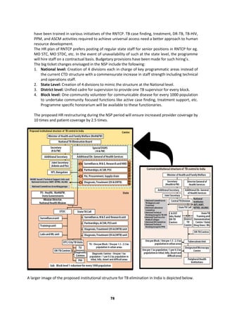 78
have been trained in various initiatives of the RNTCP. TB case finding, treatment, DR-TB, TB-HIV,
PPM, and ASCM activities required to achieve universal access need a better approach to human
resource development.
The HR plan of RNTCP prefers posting of regular state staff for senior positions in RNTCP for eg.
MO STC, MO STDC, etc. In the event of unavailability of such at the state level, the programme
will hire staff on a contractual basis. Budgetary provisions have been made for such hiring’s.
The big ticket changes envisaged in the NSP include the following:
1. National level: Creation of 4 divisions each in charge of key programmatic areas instead of
the current CTD structure with a commensurate increase in staff strength including technical
and operations staff.
2. State Level: Creation of 4 divisions to mimic the structure at the National level.
3. District level: Unified cadre for supervision to provide one TB supervisor for every block.
4. Block level: One community volunteer for communicable disease for every 1000 population
to undertake community focused functions like active case finding, treatment support, etc.
Programme specific honorarium will be available to these functionaries.
The proposed HR restructuring during the NSP period will ensure increased provider coverage by
10 times and patient coverage by 2.5 times.
A larger image of the proposed institutional structure for TB elimination in India is depicted below.
 