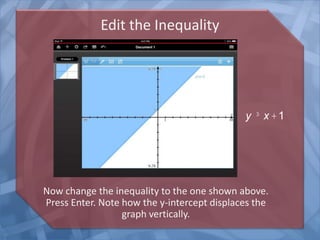 Edit the Inequality
Now change the inequality to the one shown above.
Press Enter. Note how the y-intercept displaces the
graph vertically.
y ³ x +1
 