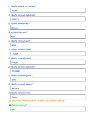 c) Qual é o nome da cunhada?

   JULIA

d) Qual o nome da sobrinha?

   JANETH

e) Qual o nome do tio?

   Michael

f) o nome do irmão?

  Mark

g) Qual o nome do pai?

   BOB

h) Qual o nome da filha?

    JULIA

i) Qual o nome do neto?

  George

j) Qual o nome do sobrinho?

   WILLIAM

k) Qual o nome do genro?

   TOM

l) Qual o nome da esposa?

   Barbara

m) Qual o nome da mãe

   Loma
3) Baseado na família de Bob, responda as perguntas abaixo.

a) Bob tem primos?

   Não
 