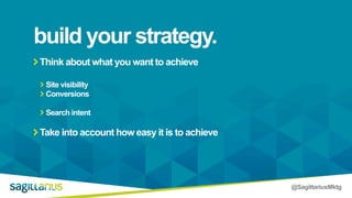 @SagittariusMktg
build your strategy.
Think about what you want to achieve
Site visibility
Conversions
Search intent
Take into account how easy it is to achieve
 