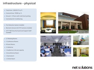infrastructure -physical 
Total Area: 118103.57 sq. ft 
Covered Area: 70590 sq. ft. 
Ground + 4 Floors with multi level parking 
Centralized Air Conditioning 
Fire Detection System installed 
Biometric Sensors & CCTV Cameras installed 
24*7*365 Security Guard and Support Staff available 
12 Meeting Rooms 
2 Conference Rooms 
8 Guest Rooms 
2 Cafeterias 
1 Auditorium: 84 seat capacity 
1Unconference Room 
1 Gymnasium 
1 Crèche Room  