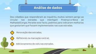 Análise de dados
Dos cidadãos que responderam ao inquérito, muitos sentem perigo ao
circular nas estradas que interligam Proença-a-Nova ao
Malhadal/Corgas. Perante este facto, pedimos para indicarem melhorias
que gostariam que fossem implementadas nas suas estradas.
Renovação das estradas;
Refletores na marcação central;
Adicionamento de rails nas estradas.
 
