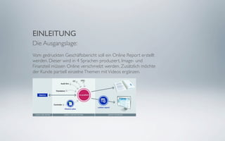 EINLEITUNG
Die Ausgangslage:
Vom gedruckten Geschäftsbericht soll ein Online Report erstellt
werden. Dieser wird in 4 Sprachen produziert. Image- und
Finanzteil müssen Online verschmelzt werden. Zusätzlich möchte
der Kunde partiell einzelne Themen mit Videos ergänzen.
 