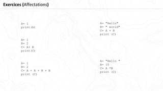 Exercices (Affectations)
A= 1
print(A)
A= 1
B= 2
C= A + A + B + B
print (C)
A= 1
B= 2
C= A+ B
print(C)
A= "Hello"
B= " world"
C= A + B
print (C)
A= "Hello "
B= 10
C= A *B
print (C)
 