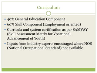 Curriculum
 40% General Education Component
 60% Skill Component (Employment oriented)
 Curricula and system certification as per SAMVAY
(Skill Assessment Matrix for Vocational
Advancement of Youth)
 Inputs from industry experts encouraged where NOS
(National Occupational Standard) not available
 