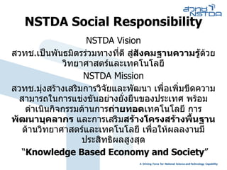 NSTDA Social Responsibility NSTDA Vision สวทช . เป็นพันธมิตรร่วมทางที่ดี สู่ สังคมฐานความรู้ ด้วยวิทยาศาสตร์และเทคโนโลยี NSTDA Mission สวทช . มุ่งสร้างเสริมการวิจัยและพัฒนา เพื่อเพิ่มขีดความสามารถในการแข่งขันอย่างยั่งยืนของประเทศ พร้อมดำเนินกิจกรรมด้านการ ถ่ายทอด เทคโนโลยี การ พัฒนาบุคลากร  และการเสริม สร้างโครงสร้างพื้นฐาน ด้านวิทยาศาสตร์และเทคโนโลยี เพื่อให้ผลลงานมีประสิทธิผลสูงสุด “ Knowledge Based Economy and Society ” 
