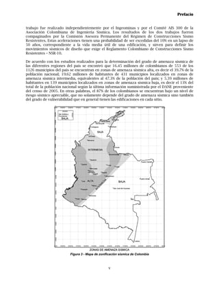 Prefacio


trabajo fue realizado independientemente por el Ingeominas y por el Comité AIS 300 de la
Asociación Colombiana de Ingeniería Sísmica. Los resultados de los dos trabajos fueron
compaginados por la Comisión Asesora Permanente del Régimen de Construcciones Sismo
Resistentes. Estas aceleraciones tienen una probabilidad de ser excedidas del 10% en un lapso de
50 años, correspondiente a la vida media útil de una edificación, y sirven para definir los
movimientos sísmicos de diseño que exige el Reglamento Colombiano de Construcciones Sismo
Resistentes – NSR-10.

De acuerdo con los estudios realizados para la determinación del grado de amenaza sísmica de
las diferentes regiones del país se encontró que 16.45 millones de colombianos de 553 de los
1126 municipios del país se encuentran en zonas de amenaza sísmica alta, es decir el 39.7% de la
población nacional; 19.62 millones de habitantes de 431 municipios localizados en zonas de
amenaza sísmica intermedia, equivalentes al 47.3% de la población del país; y 5.39 millones de
habitantes en 139 municipios localizados en zonas de amenaza sísmica baja, es decir el 13% del
total de la población nacional según la última información suministrada por el DANE proveniente
del censo de 2005. En otras palabras, el 87% de los colombianos se encuentran bajo un nivel de
riesgo sísmico apreciable, que no solamente depende del grado de amenaza sísmica sino también
del grado de vulnerabilidad que en general tienen las edificaciones en cada sitio.




                         Figura 3 - Mapa de zonificación sísmica de Colombia



                                                 v
 