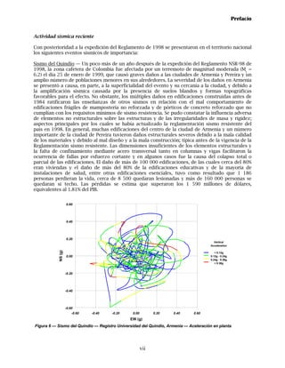 Prefacio


Actividad sísmica reciente

Con posterioridad a la expedición del Reglamento de 1998 se presentaron en el territorio nacional
los siguientes eventos sísmicos de importancia:

Sismo del Quindío — Un poco más de un año después de la expedición del Reglamento NSR-98 de
1998, la zona cafetera de Colombia fue afectada por un terremoto de magnitud moderada (ML =
6.2) el día 25 de enero de 1999, que causó graves daños a las ciudades de Armenia y Pereira y un
amplio número de poblaciones menores en sus alrededores. La severidad de los daños en Armenia
se presentó a causa, en parte, a la superficialidad del evento y su cercanía a la ciudad, y debido a
la amplificación sísmica causada por la presencia de suelos blandos y formas topográficas
favorables para el efecto. No obstante, los múltiples daños en edificaciones construidas antes de
1984 ratificaron las enseñanzas de otros sismos en relación con el mal comportamiento de
edificaciones frágiles de mampostería no reforzada y de pórticos de concreto reforzado que no
cumplían con los requisitos mínimos de sismo resistencia. Se pudo constatar la influencia adversa
de elementos no estructurales sobre las estructuras y de las irregularidades de masa y rigidez;
aspectos principales por los cuales se había actualizado la reglamentación sismo resistente del
país en 1998. En general, muchas edificaciones del centro de la ciudad de Armenia y un número
importante de la ciudad de Pereira tuvieron daños estructurales severos debido a la mala calidad
de los materiales y debido al mal diseño y a la mala construcción; típica antes de la vigencia de la
Reglamentación sismo resistente. Las dimensiones insuficientes de los elementos estructurales y
la falta de confinamiento mediante acero transversal tanto en columnas y vigas facilitaron la
ocurrencia de fallas por esfuerzo cortante y en algunos casos fue la causa del colapso total o
parcial de las edificaciones. El daño de más de 100 000 edificaciones, de las cuales cerca del 80%
eran viviendas y el daño de más del 80% de la edificaciones educativas y de la mayoría de
instalaciones de salud, entre otras edificaciones esenciales, tuvo como resultado que 1 186
personas perdieran la vida, cerca de 8 500 quedaran lesionadas y más de 160 000 personas se
quedaran si techo. Las pérdidas se estima que superaron los 1 590 millones de dólares,
equivalentes al 1.81% del PIB.


                    0.60




                    0.40




                    0.20
                                                                                       Vertical
                                                                                     Acceleration
           NS (g)




                                                                                        < 0.12g
                    0.00                                                             0.12g - 0.24g
                                                                                     0.24g - 0.36g
                                                                                        > 0.36g


                    -0.20




                    -0.40




                    -0.60
                        -0.60   -0.40   -0.20    0.00         0.20   0.40    0.60
                                                EW (g)
Figura 6 — Sismo del Quindío — Registro Universidad del Quindío, Armenia — Aceleración en planta




                                                        vii
 