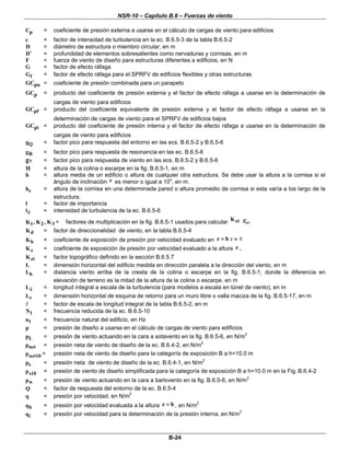 NSR-10 – Capítulo B.6 – Fuerzas de viento
B-24
pC = coeficiente de presión externa a usarse en el cálculo de cargas de viento para edificios
c = factor de intensidad de turbulencia en la ec. B.6.5-3 de la tabla B.6.5-2
D = diámetro de estructura o miembro circular, en m
D′ = profundidad de elementos sobresalientes como nervaduras y cornisas, en m
F = fuerza de viento de diseño para estructuras diferentes a edificios, en N
G = factor de efecto ráfaga
fG = factor de efecto ráfaga para el SPRFV de edificios flexibles y otras estructuras
pnGC = coeficiente de presión combinada para un parapeto
pGC = producto del coeficiente de presión externa y el factor de efecto ráfaga a usarse en la determinación de
cargas de viento para edificios
pfGC = producto del coeficiente equivalente de presión externa y el factor de efecto ráfaga a usarse en la
determinación de cargas de viento para el SPRFV de edificios bajos
piGC = producto del coeficiente de presión interna y el factor de efecto ráfaga a usarse en la determinación de
cargas de viento para edificios
Qg = factor pico para respuesta del entorno en las ecs. B.6.5-2 y B.6.5-6
Rg = factor pico para respuesta de resonancia en las ec. B.6.5-6
gν = factor pico para respuesta de viento en las ecs. B.6.5-2 y B.6.5-6
H = altura de la colina o escarpe en la fig. B.6.5-1, en m
h = altura media de un edificio o altura de cualquier otra estructura. Se debe usar la altura a la cornisa si el
ángulo de inclinación e es menor o igual a 10o
, en m.
eh = altura de la cornisa en una determinada pared o altura promedio de cornisa si esta varía a los largo de la
estructura.
l = factor de importancia
zl = intensidad de turbulencia de la ec. B.6.5-6
1 2 3K , K , K = factores de multiplicación en la fig. B.6.5-1 usados para calcular ztK
dK = factor de direccionalidad de viento, en la tabla B.6.5-4
hK = coeficiente de exposición de presión por velocidad evaluado en z h=
zK = coeficiente de exposición de presión por velocidad evaluado a la altura z .
ztK = factor topográfico definido en la sección B.6.5.7
L = dimensión horizontal del edificio medida en dirección paralela a la dirección del viento, en m
hL = distancia viento arriba de la cresta de la colina o escarpe en la fig. B.6.5-1, donde la diferencia en
elevación de terreno es la mitad de la altura de la colina o escarpe, en m
zL = longitud integral a escala de la turbulencia (para modelos a escala en túnel de viento), en m
rL = dimensión horizontal de esquina de retorno para un muro libre o valla maciza de la fig. B.6.5-17, en m
= factor de escala de longitud integral de la tabla B.6.5-2, en m
1N = frecuencia reducida de la ec. B.6.5-10
1n = frecuencia natural del edificio, en Hz
p = presión de diseño a usarse en el cálculo de cargas de viento para edificios
Lp = presión de viento actuando en la cara a sotavento en la fig. B.6.5-6, en N/m2
netp = presión neta de viento de diseño de la ec. B.6.4-2, en N/m2
net10p = presión neta de viento de diseño para la categoría de exposición B a h=10.0 m
sp = presión neta de viento de diseño de la ec. B.6.4-1, en N/m2
s10p = presión de viento de diseño simplificada para la categoría de exposición B a h=10.0 m en la Fig. B.6.4-2
wp = presión de viento actuando en la cara a barlovento en la fig. B.6.5-6, en N/m2
Q = factor de respuesta del entorno de la ec. B.6.5-4
q = presión por velocidad, en N/m2
hq = presión por velocidad evaluada a la altura z h= , en N/m2
iq = presión por velocidad para la determinación de la presión interna, en N/m2
 