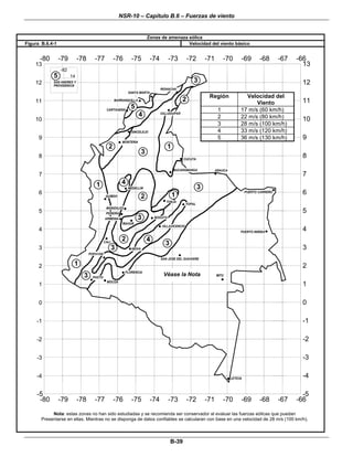 NSR-10 – Capítulo B.6 – Fuerzas de viento
 
B-39 
Zonas de amenaza eólica
Figura B.6.4-1 Velocidad del viento básico
 
CALI
LETICIA
MITU
-80 -79 -78 -77 -76 -75 -74 -73 -72 -71 -70 -69 -68 -67 -66
-5
-4
-3
-2
-1
0
1
2
3
4
5
6
7
8
9
10
11
12
13
-5
-4
-3
-2
-1
0
1
2
3
4
5
6
7
8
9
10
11
12
13
-80 -79 -78 -77 -76 -75 -74 -73 -72 -71 -70 -69 -68 -67 -66
2
3
3
2
3
4
CUCUTA
SAN JOSE DEL GUAVIARE
MOCOA
PUERTO CARREÑO
PUERTO INIRIDA
SINCELEJO
BARRANQUILLA
SANTA MARTA
-82
14
SAN ANDRES Y
PROVIDENCIA
5
CARTAGENA
ARAUCA
IBAGUE
5
1
4
2
1
2
3
1
4
3
1
MONTERIA
RIOHACHA
VALLEDUPAR
BUCARAMANGA
TUNJA
YOPAL
BOGOTA
VILLAVICENCIO
ARMENIA
QUIBDO
MEDELLIN
PEREIRA
3
POPAYAN
NEIVA
FLORENCIA
PASTO
MANIZALES
3
Véase la Nota
 
Nota: estas zonas no han sido estudiadas y se recomienda ser conservador al evaluar las fuerzas eólicas que puedan
Presentarse en ellas. Mientras no se disponga de datos confiables se calcularan con base en una velocidad de 28 m/s (100 km/h).
Región Velocidad del
Viento
1 17 m/s (60 km/h)
2 22 m/s (80 km/h)
3 28 m/s (100 km/h)
4 33 m/s (120 km/h)
5 36 m/s (130 km/h)
 