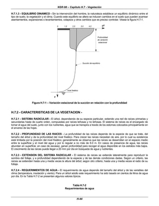 NSR-98 – Capítulo H.7 - Vegetación
H-44
H.7.1.3 - EQUILIBRIO DINAMICO - Sin la intervención del hombre, la naturaleza establece un equilibrio dinámico entre el
tipo de suelo, la vegetación y el clima. Cuando este equilibrio se altera se inducen cambios en el suelo que pueden acarrear
asentamientos, expansiones o levantamientos, colapsos y otros cambios que es preciso controlar. Véase la figura H.7-1.
z
nivel freático
Profundidad
de variación
estacional
1.0
0 2.0 3.0 4.0 pF
Succión de equilibrio
Figura H.7-1 – Variación estacional de la succión en relación con la profundidad
H.7.2 - CARACTERISTICAS DE LA VEGETACION -
H.7.2.1 - SISTEMA RADICULAR - El árbol, dependiendo de su especie particular, extiende una red de raíces primarias y
secundarias hasta de cuarto orden, compuestas por raíces leñosas y no leñosas. El sistema de raíces es el encargado de
tomar el agua del suelo, junto con los nutrientes, agua que se transpira a través de los estomas colocados principalmente en
el anverso de las hojas.
H.7.2.2 - PROFUNDIDAD DE LAS RAICES - La profundidad de las raíces depende de la especie de que se trate, del
tamaño del árbol y de la profundidad del nivel freático. Para crecer las raíces necesitan de aire, por lo cual su existencia
está limitada por la posición del nivel freático; generalmente se observa que las raíces se desarrollan en el espacio medio
entre la superficie y el nivel del agua y por lo regular a no más de 6.0 m. En casos de presencia de agua, las raíces
abundan en superficie; en caso de escasez, ganan profundidad para recoger el agua disponible en los estratos más bajos.
El crecimiento de las raíces puede llegar a 20 mm por día en búsqueda de agua y nutrientes.
H.7.2.3 - EXTENSION DEL SISTEMA RADICULAR - El sistema de raíces se extiende lateralmente para reproducir la
sombra del follaje, y a profundidad dependiendo de la especie y de las demás condiciones dadas. Según un criterio, las
raíces se extienden hasta una y media veces la altura del árbol; según otro criterio, hasta una y media veces el radio de su
follaje.
H.7.2.4 - REQUERIMIENTOS DE AGUA - El requerimiento de agua depende del tamaño del árbol y de las variables del
clima (temperatura, insolación y viento). Para un árbol adulto este requerimiento ha sido tasado en cientos de litros de agua
por día. En la Tabla H.7-2 se presentan algunos valores típicos.
Tabla H.7-2
Requerimientos de agua
 